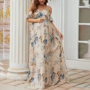 Ivory/Blue Floral Maternity off-shoulder dress